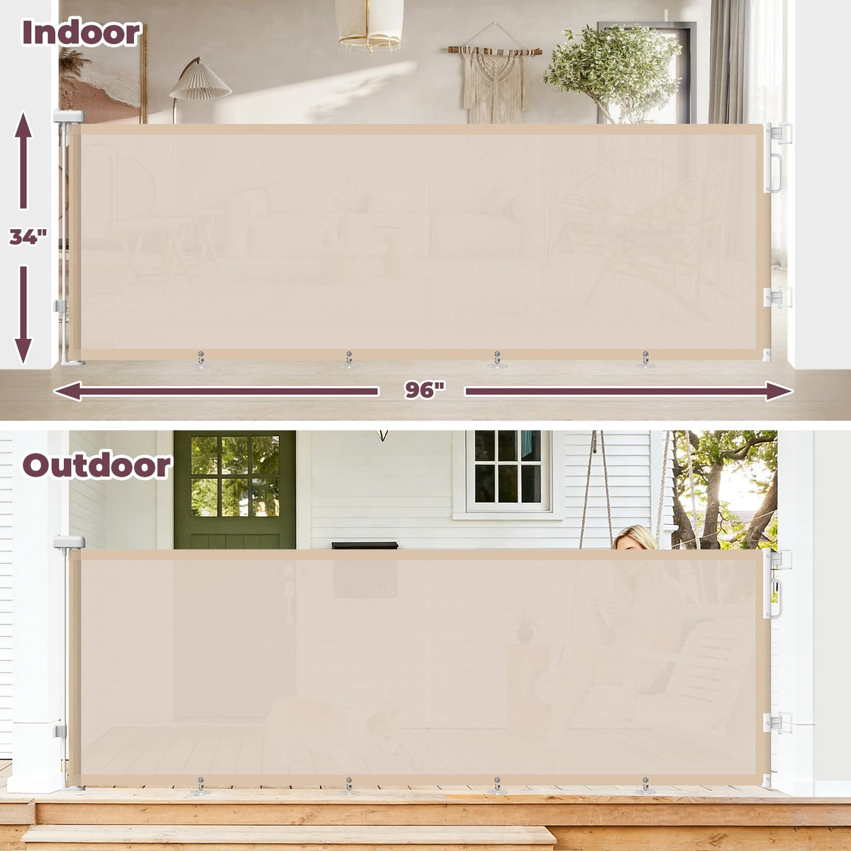 96" Retractable Baby Gate (Beige / 34" Tall x 96" Wide)