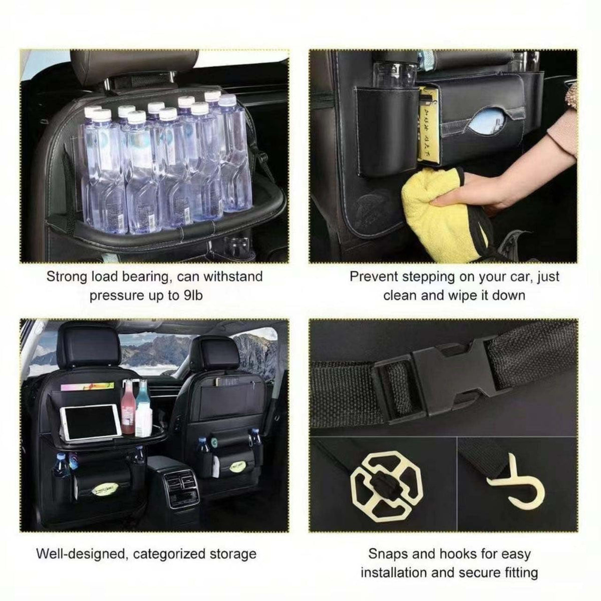 Premium PU Leather Backseat Seat Organizer with Foldable Table (1 Pack / Black)