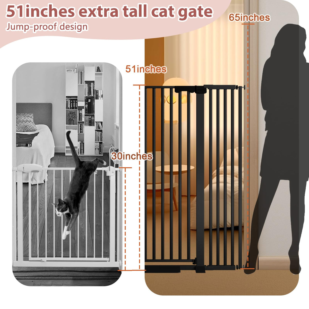 51'' Extra Tall Cat Gate Barrier for Doorways Hallways (Black-51"tall / 30''-40.9'' Wide)