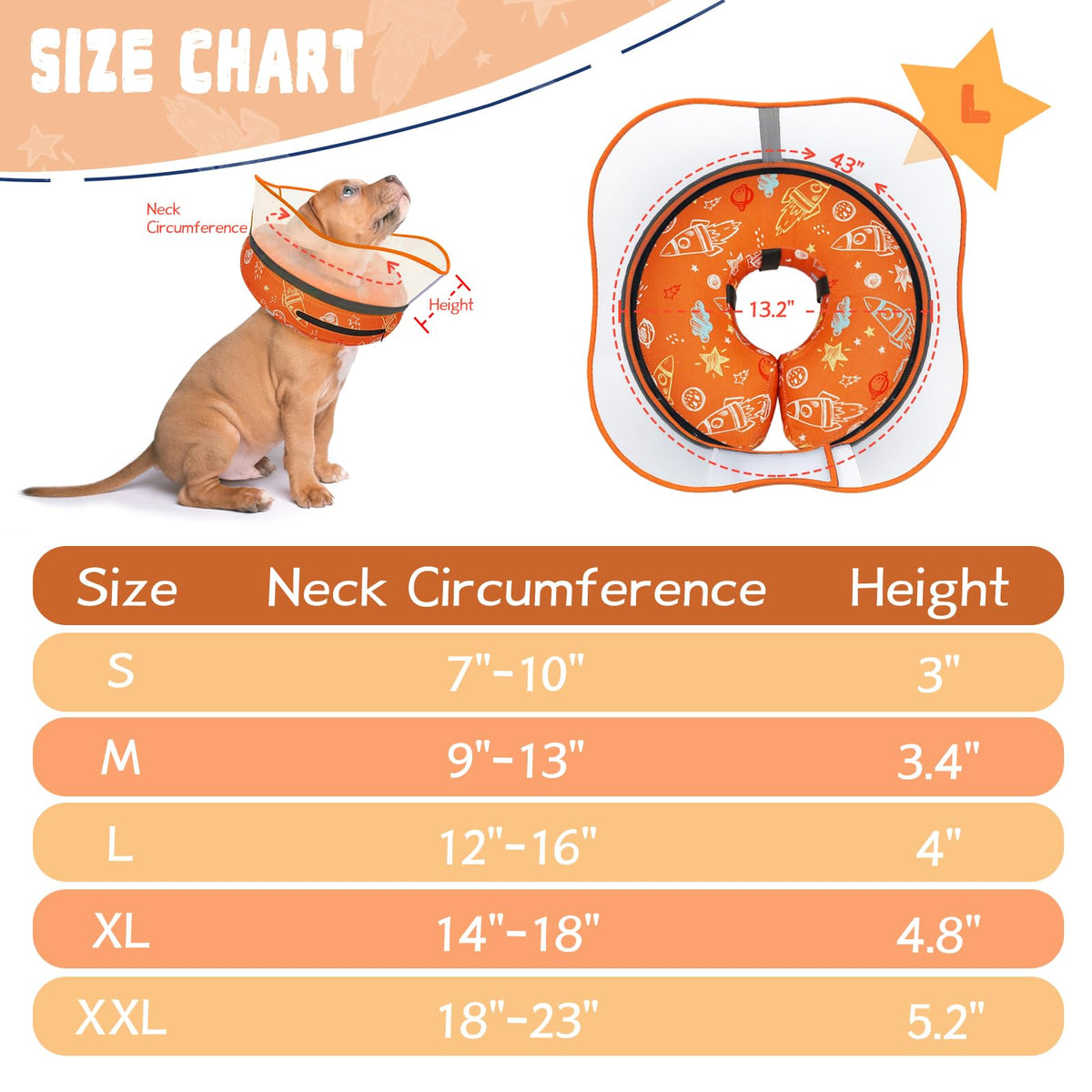 Elevated Inflatable Dog Cone Collar to Stop Licking (Orange / L(Neck 12"-16"))