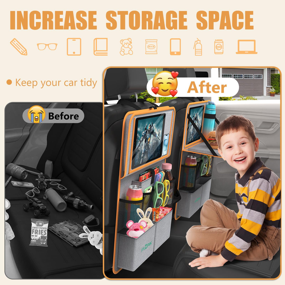 Car Backseat Organizer with Tablet Holder (Orange / 2pack)