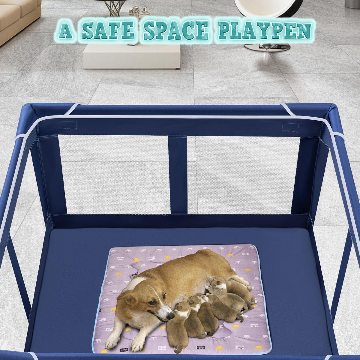 42x42 Inch Puppy Playpen with Cover (Blue / 42x42 IN With Cover)