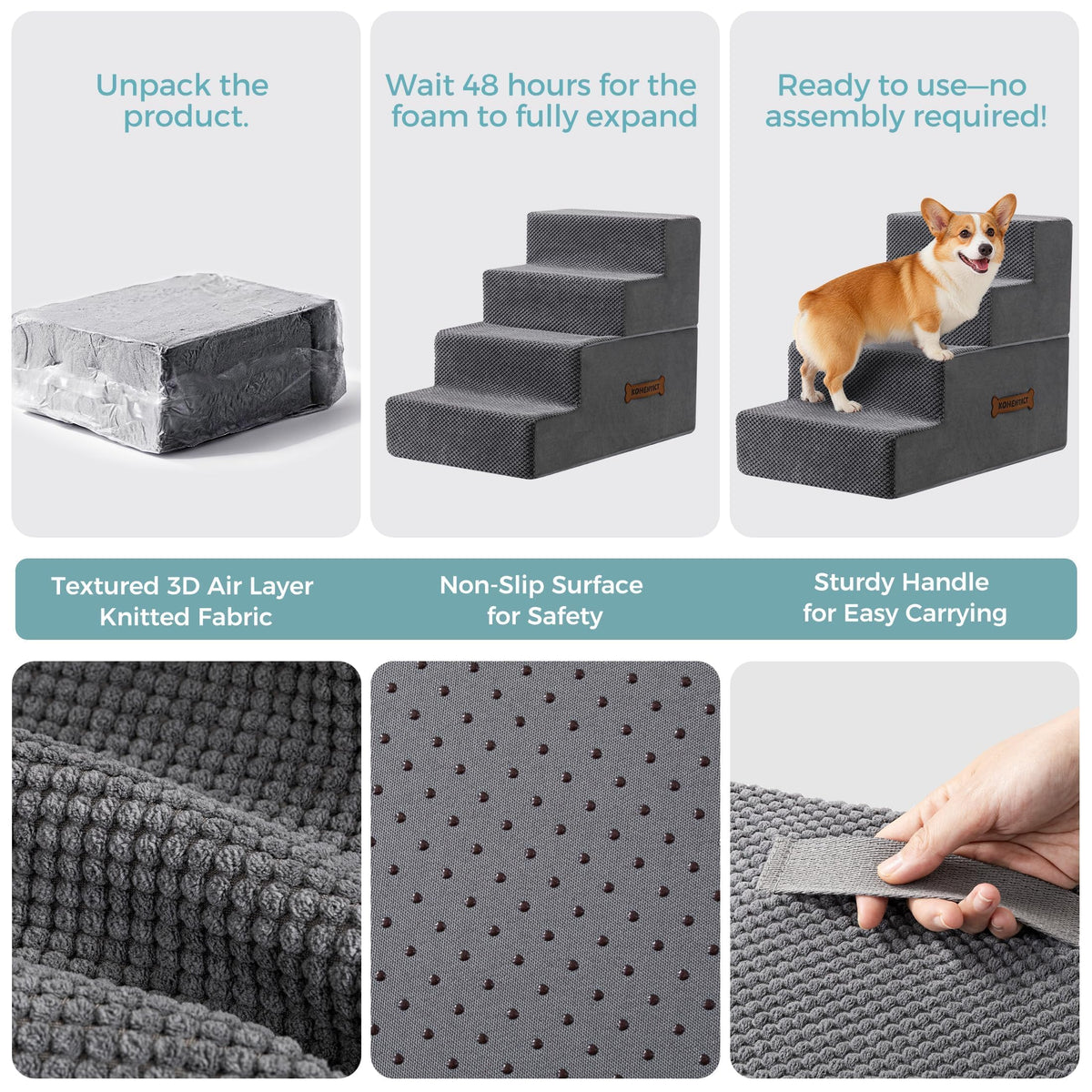 Dog Stairs Steps and Ramp for High Bed & Sofa (Gray / Standard)
