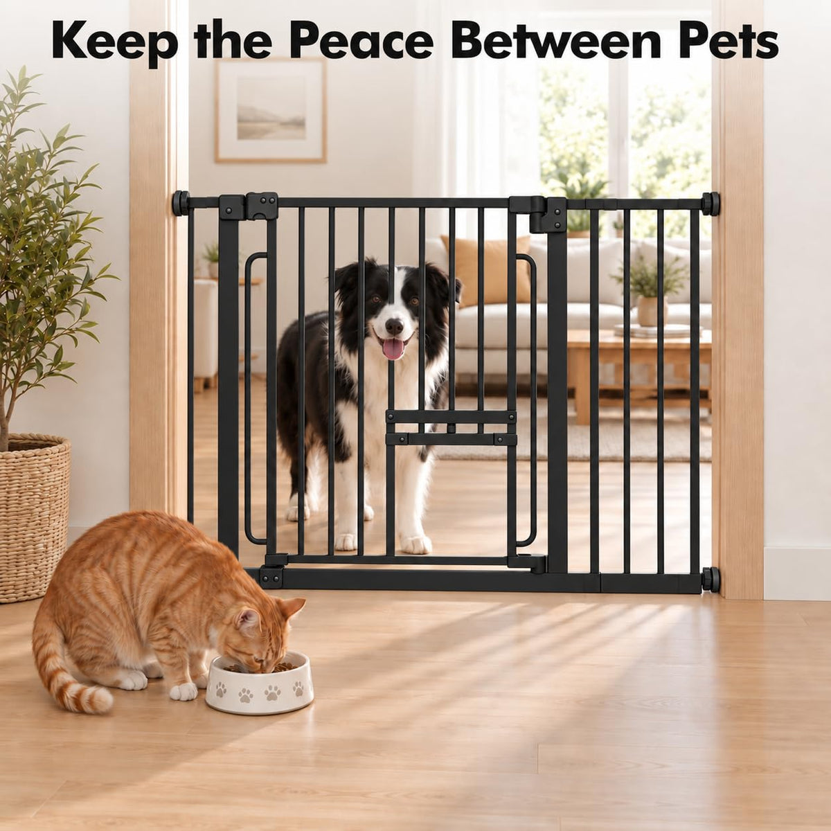 Pet Gate with Cat Door (Black / 29.5-37"Wide,30"Tall)