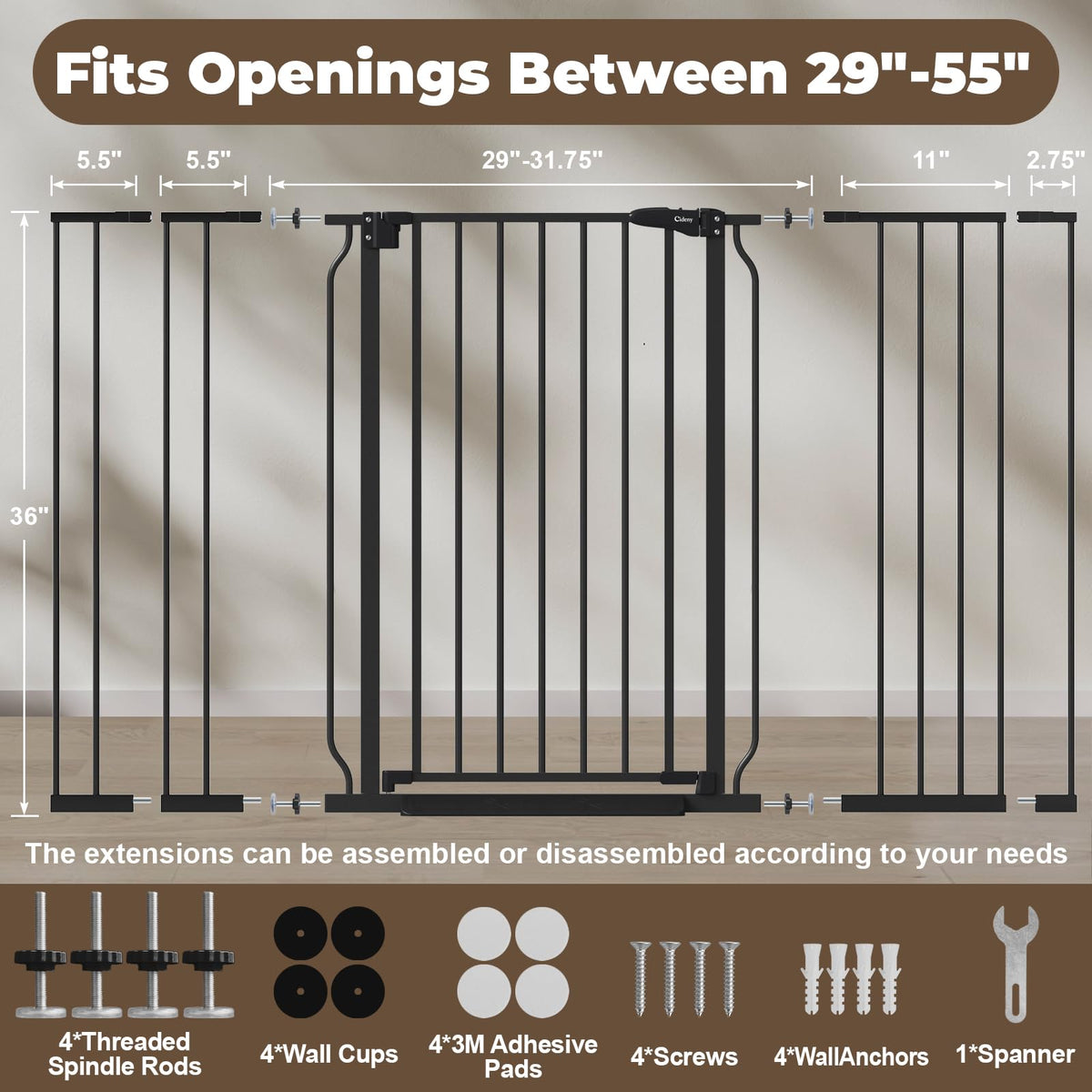 36" Extra Tall Baby Gate (Black / 29-55"Wide, 36"Tall)
