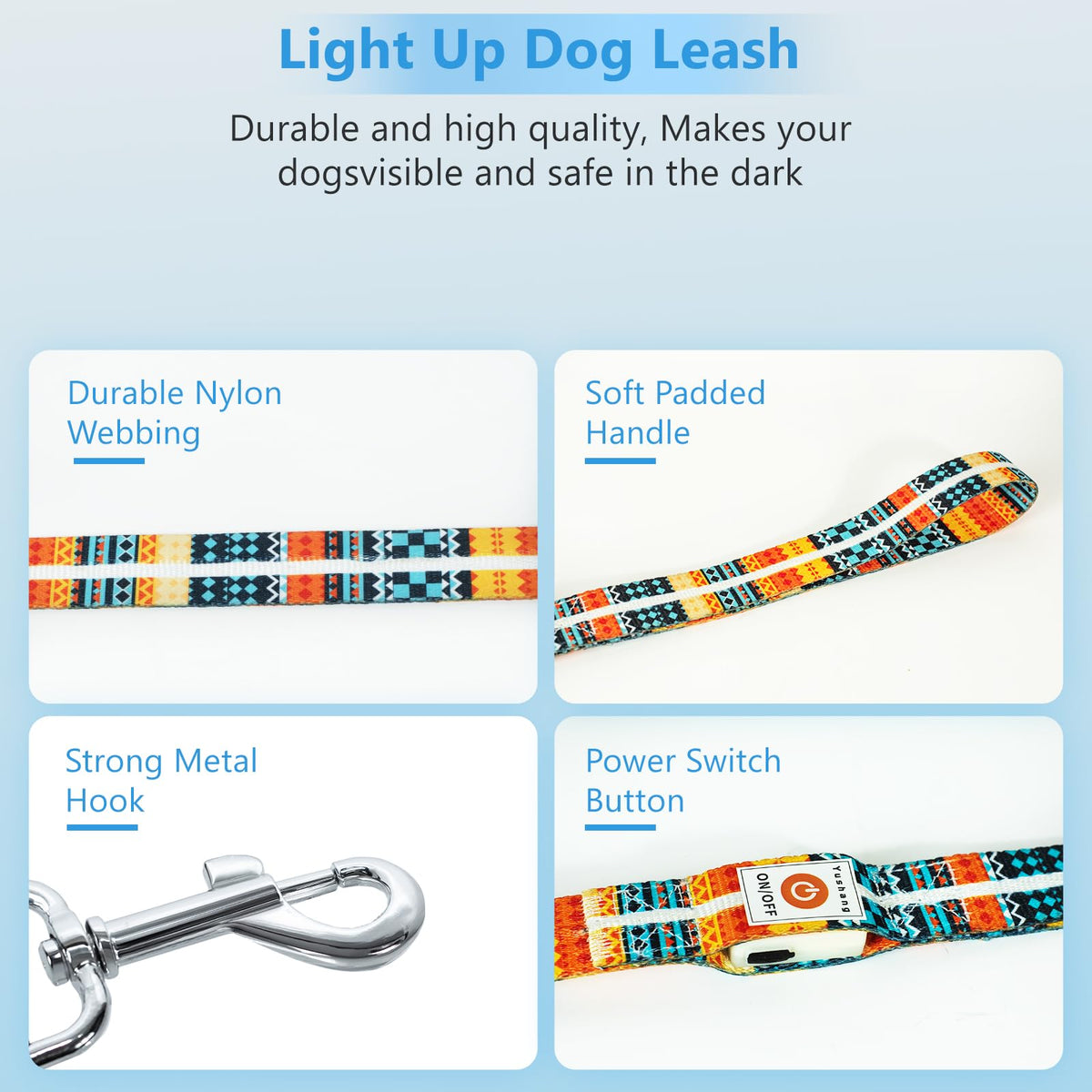Light Up Dog Leash USB Rechargeable for Small Medium Large Dogs (Bohemian Orange / L59in/W1in)