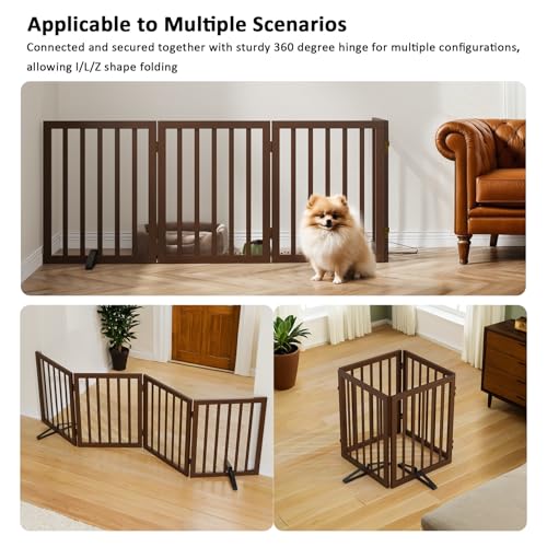 Wooden Dog Gate Freestanding Foldable 4 Panel Pet Gates Extra Wide Dog Gates for Indoor Doorways Stairs 24in Height Support Feet Included (Dark Brown / 4 Panel - 74 inches Wide)