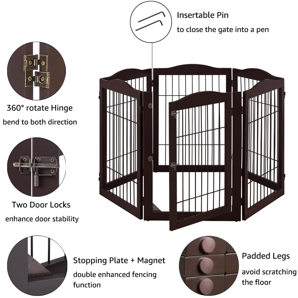 132" Extra Wide Dog Gate and Pet Playpen with Walk Through Door (Espresso / 132"W×31.5"H)