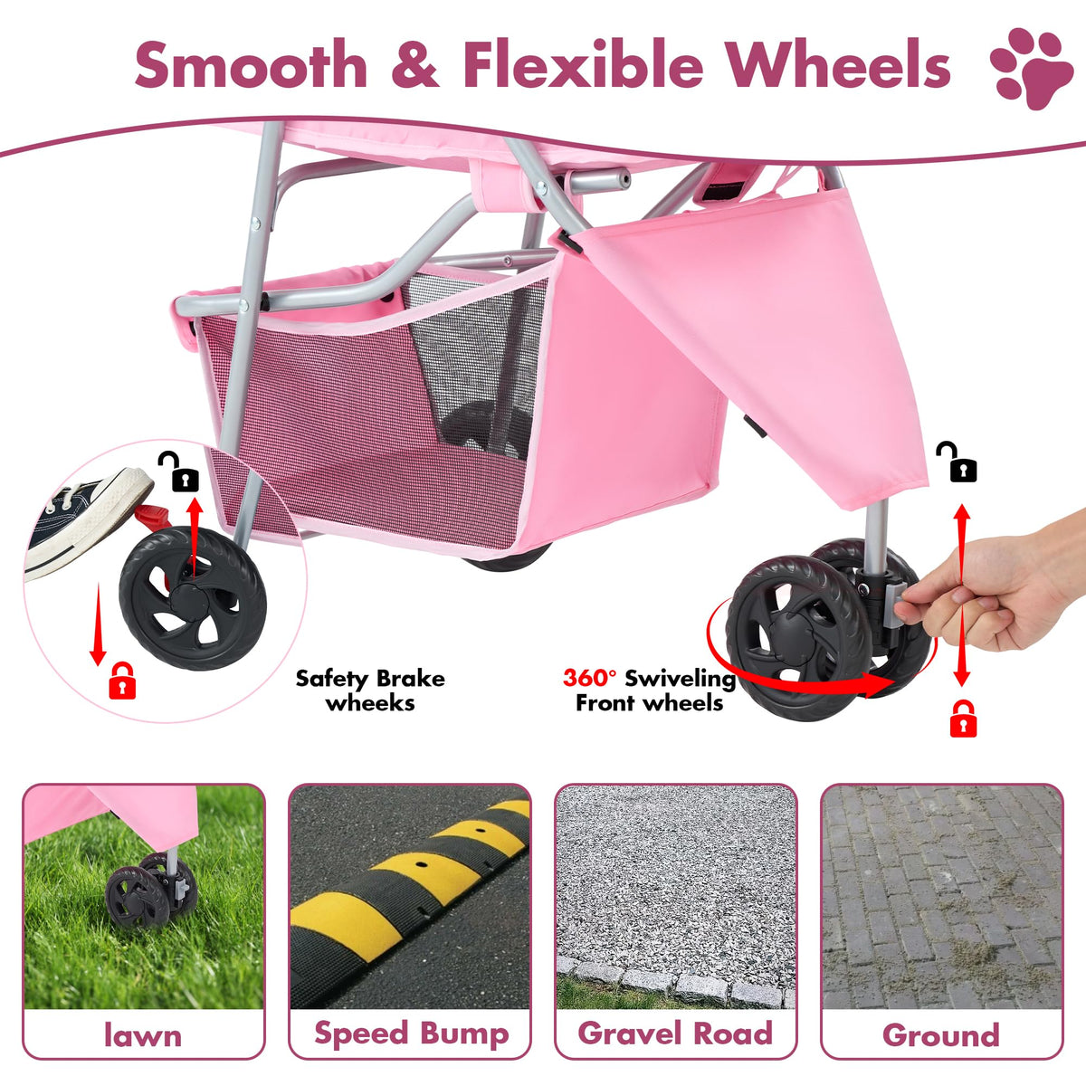 3 Wheel Pet Stroller for Dogs and Cats (Light Pink / 29.1" x 17.7" x 39.4")
