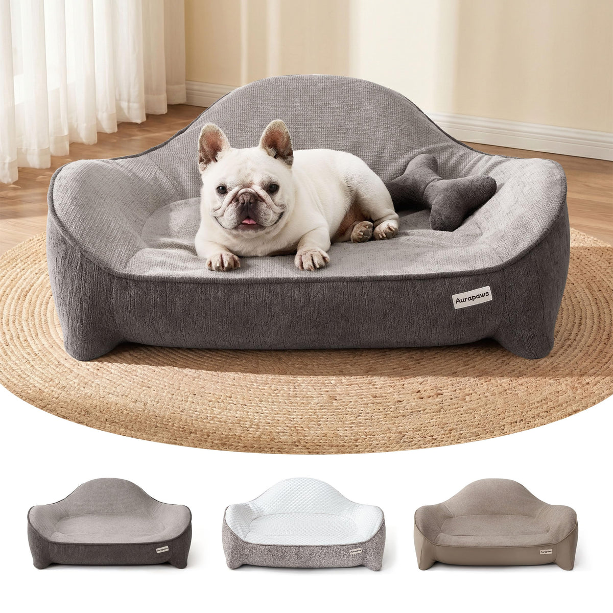 Dog Bed for Medium Sized Dog (Leather-Grey-Light Grey / 36"L x 27"W x 14.17"Th)