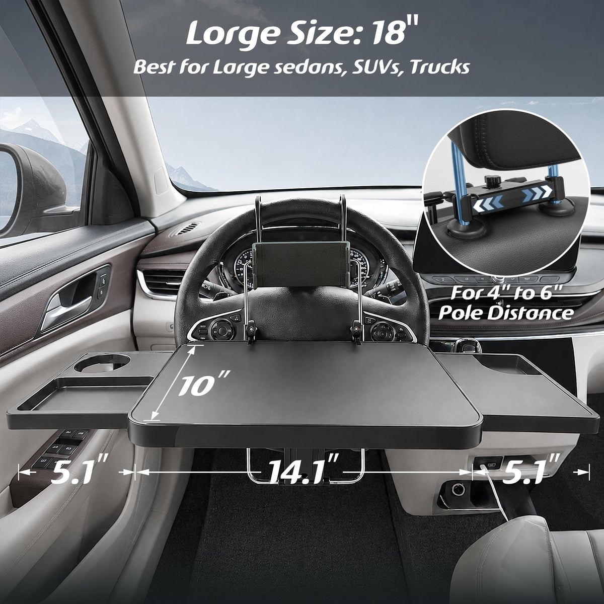 Large Car Steering Wheel Tray Back Seat Headrest Tray with Phone Holder (17.5")
