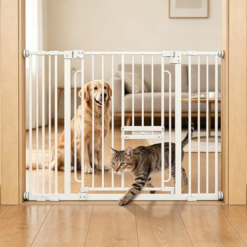 Pet Gate with Cat Door (Matte White / 29.5-42.5"Wide,30"Tall)