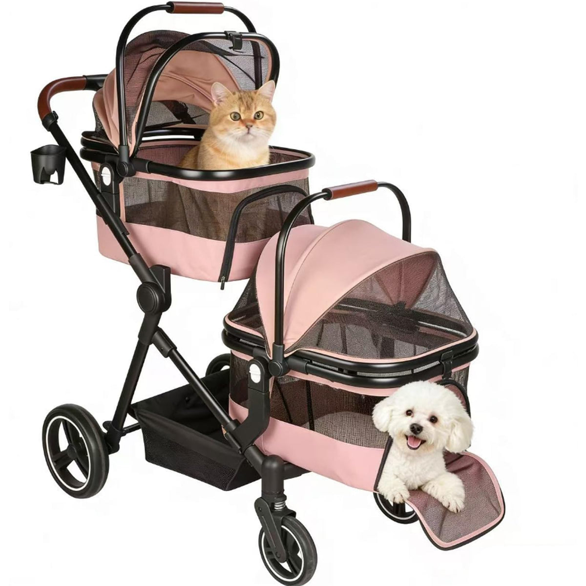Foldable Double Pet Stroller for 2 Small Medium Cats Dogs (Pink / Double)