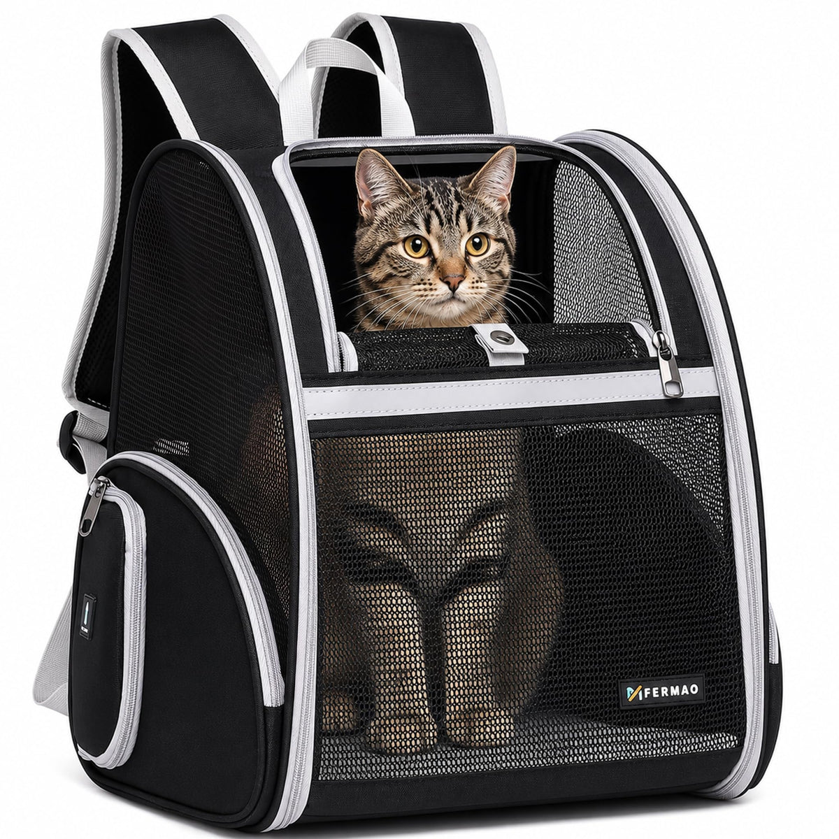 Cat Backpack Carrier for Small Dogs and Medium cat Puppy Kitten Bunny Pet Carrier Backpack Collapsible with Fully Ventilated Mesh with Safety Leash (Black / 12.9"L x 10.6"W x 15.5"H)