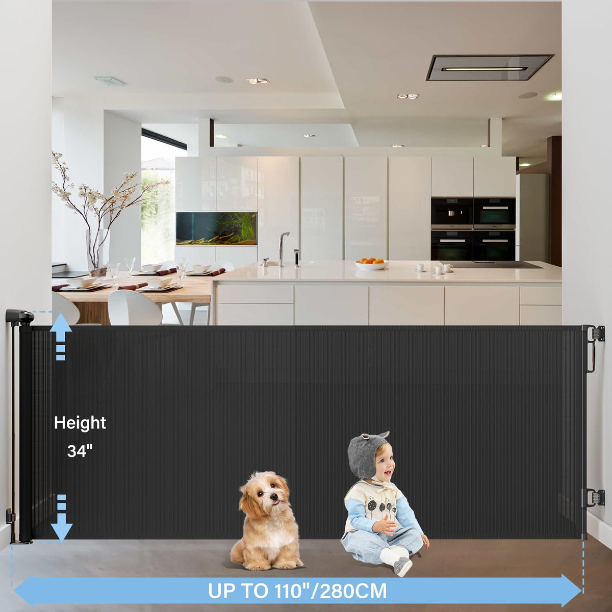 Retractable Baby & Dog Gate (A-black / 34" Tall x 110" Wide)