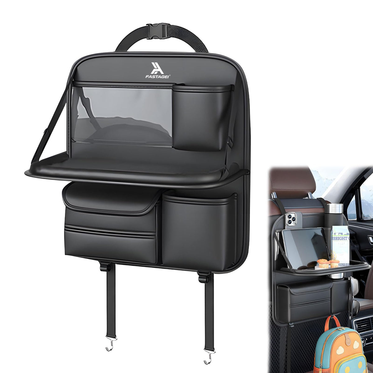 Universal Premium Leather Foldable Car Backseat Organizer with Table Tray