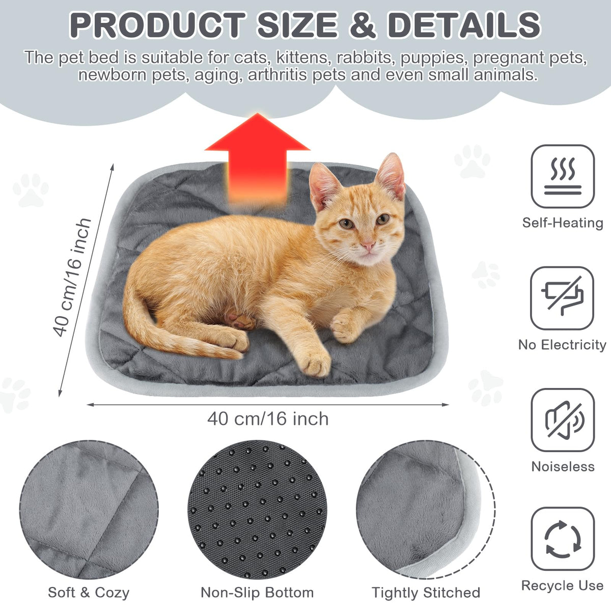 2 Pack Self Warming Cat Bed Thermal Pet Mat (16 x 16 Inches / Gray)