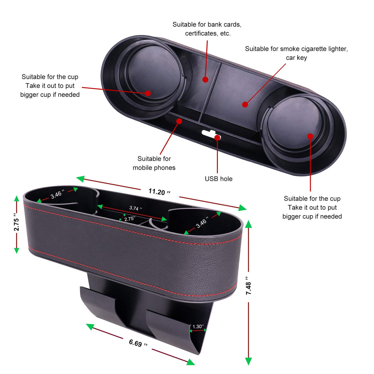 Car Console Side Seat Gap Organizer with Cup Holder (UGBD-Black)