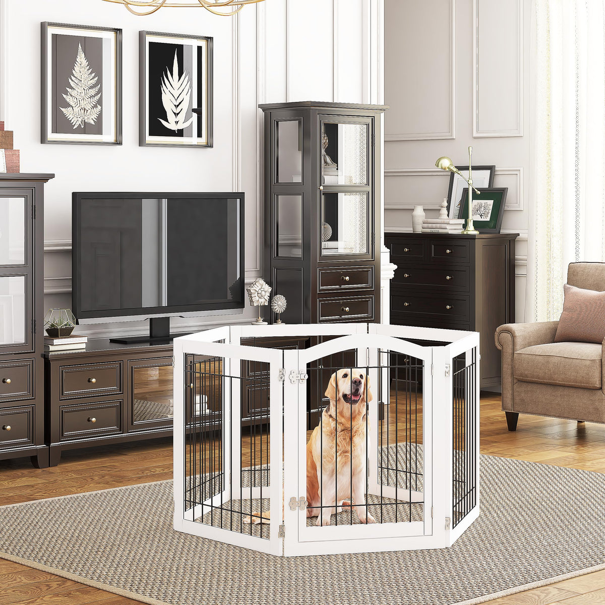Dog Gate Indoor with Door (White / 【6 Panels with Door】144"W x 32"H)