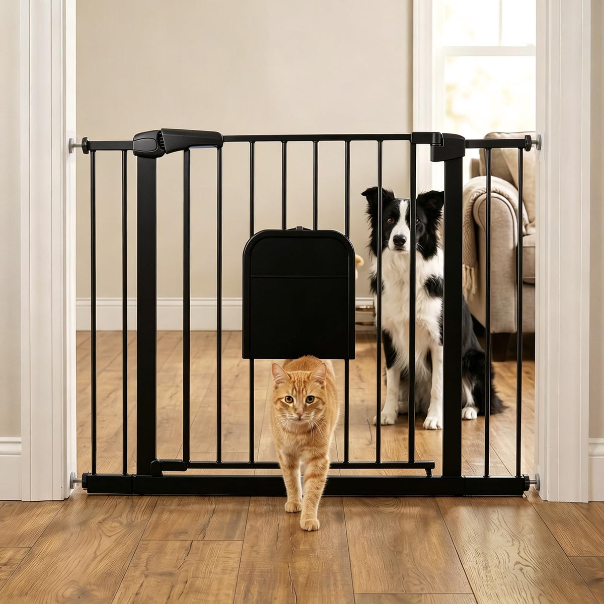 31 46“ Metal Pet Gate with Cat Door (Matte Black / 31-46"Wide,30"Tall)