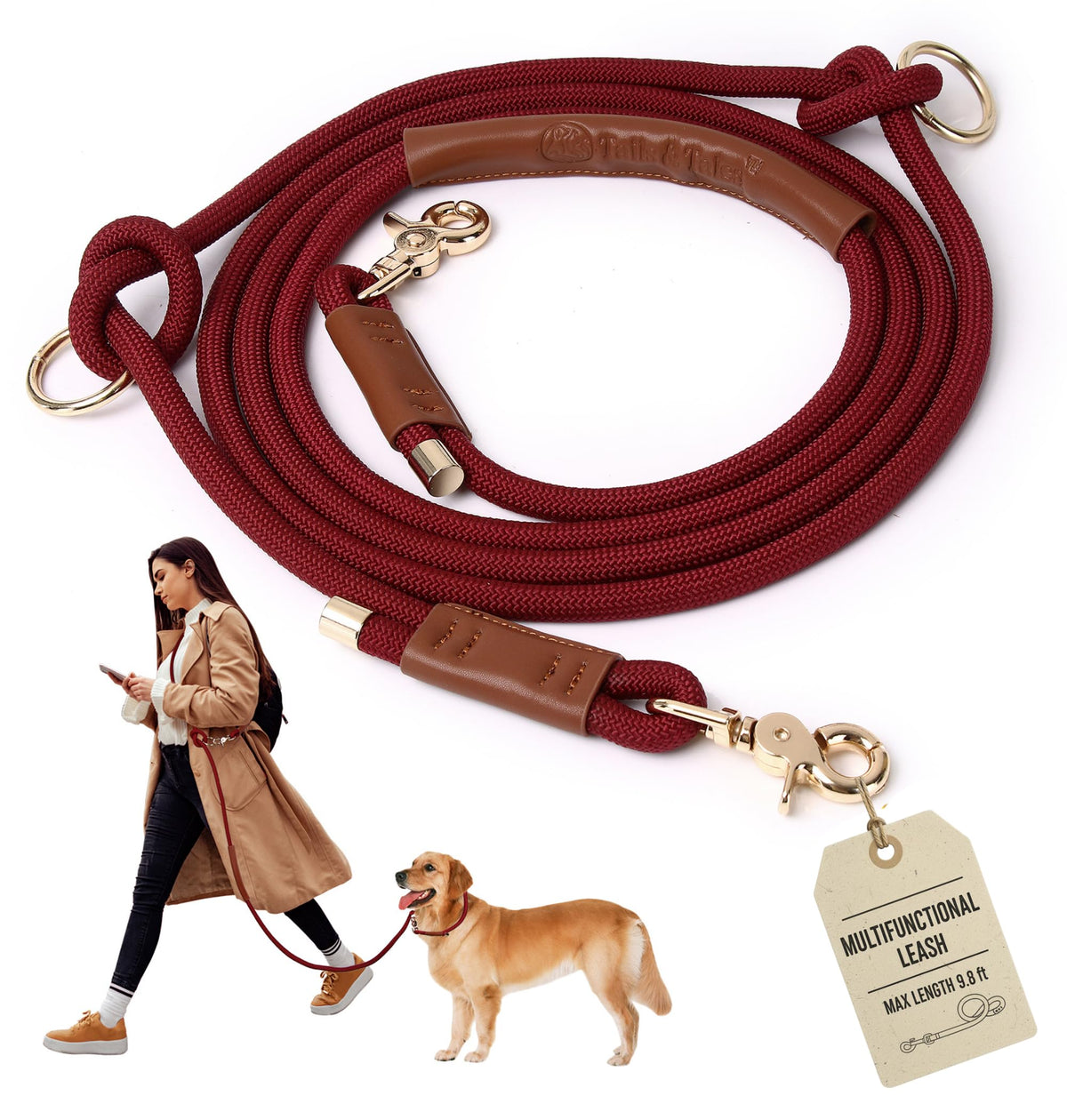 Hands Free Multifunctional Dog Leash for 1 or 2 Dogs (Winery Red)