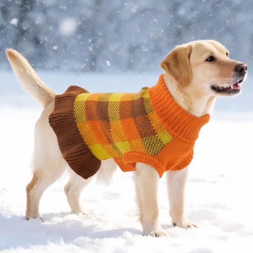 Dog Sweater Dress Plaid Knitwear for Small Dogs Girl Christmas Clothes (Orange / X-Small)
