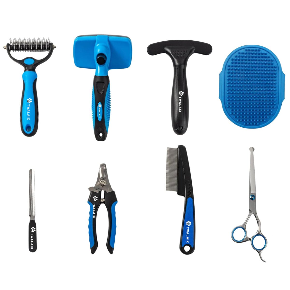 8-in-1 Dog Grooming Kit, Pet Grooming Kit for Dogs & Cats, Professional Cat Brush Set with Slicker Brush, Undercoat Rake, Flea Comb, Nail Clipper, Scissors & Bath Brush (8 Count (Pack of 1))