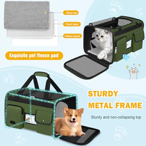 Large Cat Carrier Soft Sided Travel Pet Carrier Airline Approved (Army Green)
