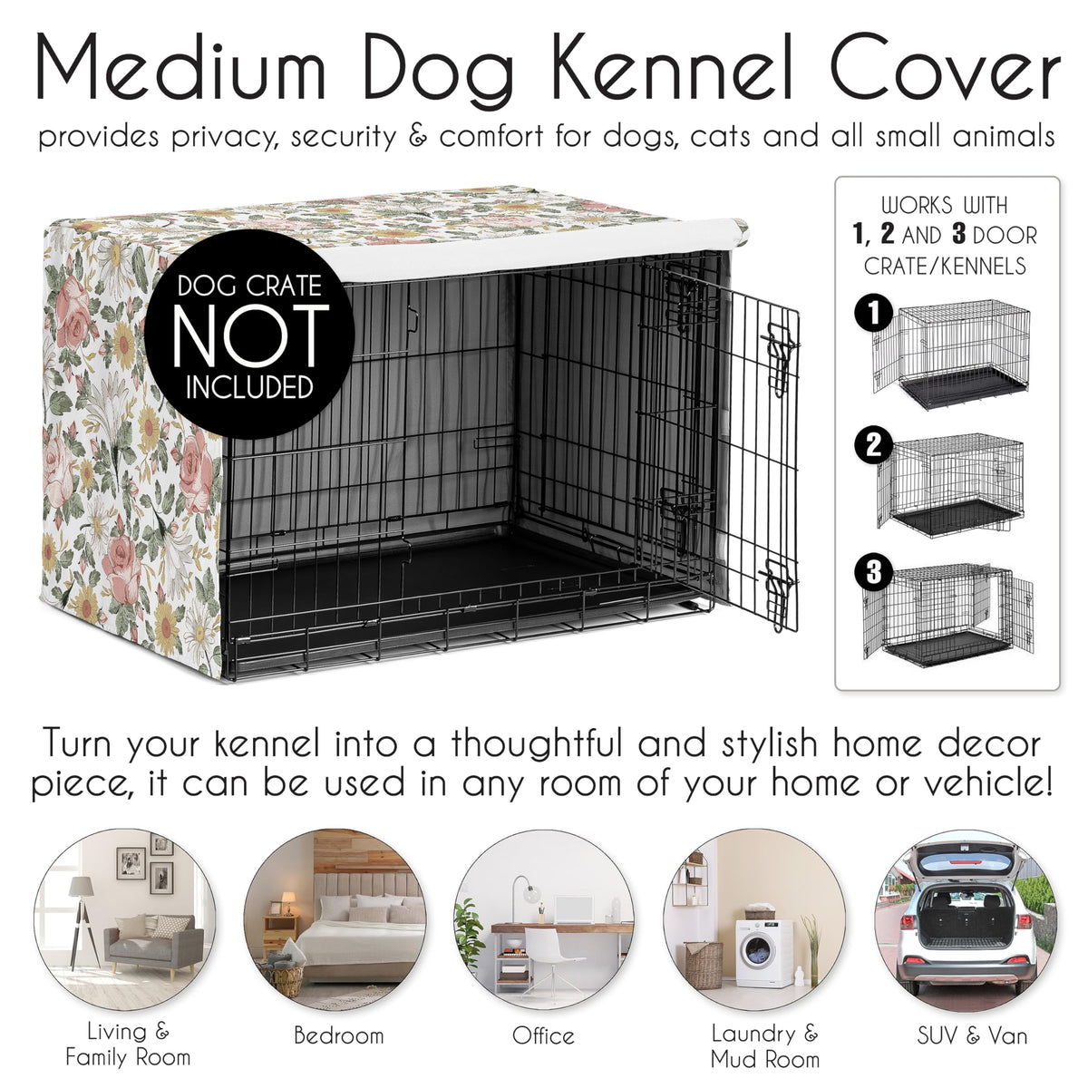 36in. Medium Dog Crate Cover (Vintage Floral Pink and Green / 36.0"L x 23.5"W x 24.0"H)