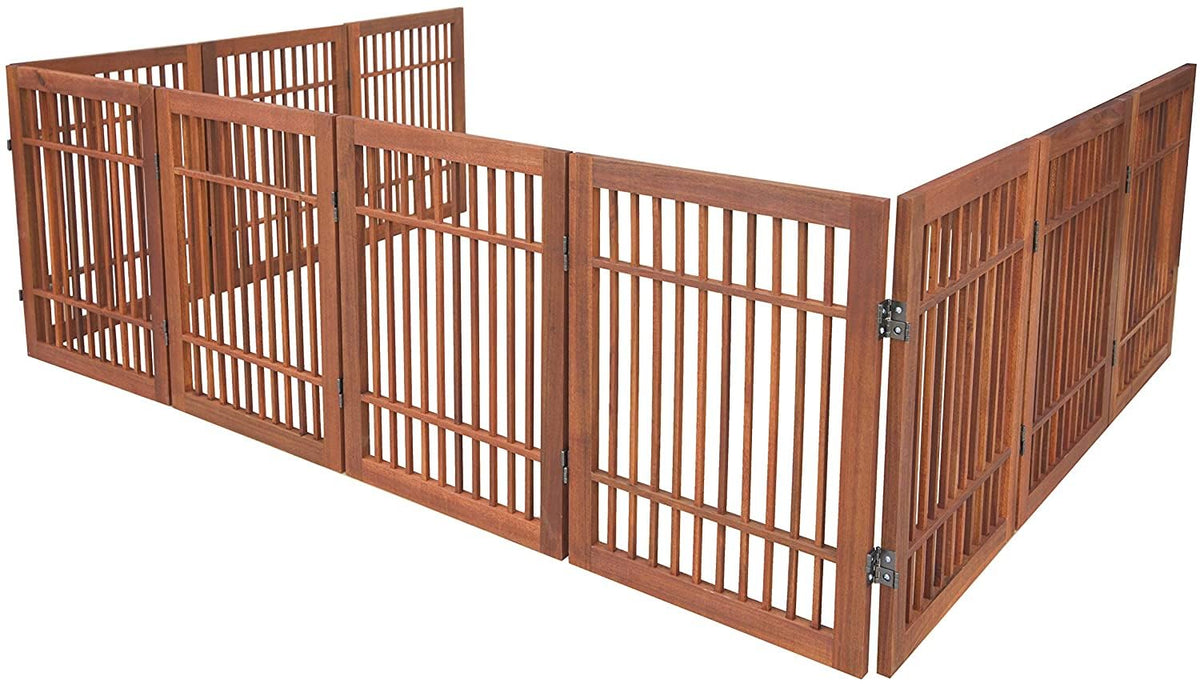 Freestanding Wooden Dog Gate Foldable Indoor Pet Gate No Drill Expandable Barrier for Doorways Stairs Hallway Portable Wood Fence for Small Dogs & Puppies (10 Panel 24" Tall / Brown Pet Gate)