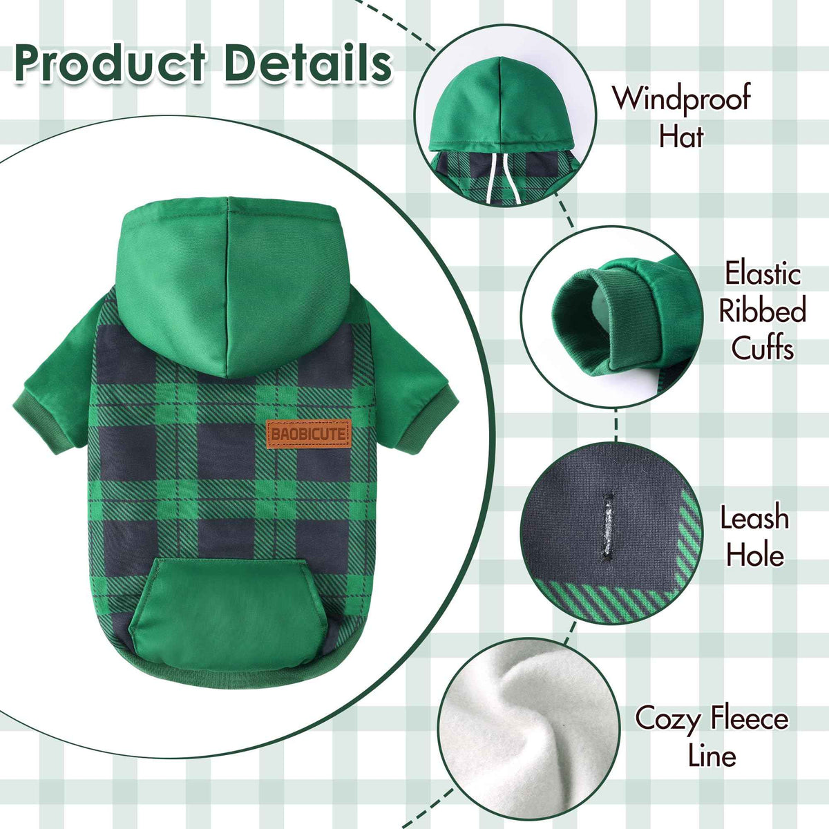 Dog Basic Hoodie Soft Dog Clothes Cold Weather Sweaters for Medium Large Dogs Cozy Fabric Warm Sweatshirt with Leash Hole for Boys (Green Plaid / M (Back: 16.54",Chest: 22.05", 10-20lbs))