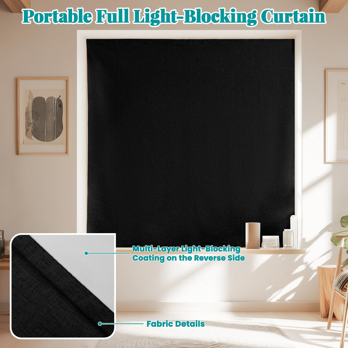 100% Blackout Self Adhesive Curtains (52"W x 60"L (Pack of 1) / Black)