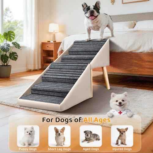 Dog Stairs & Ramp for High Bed & Couch (Beige / 22.8in Bed)