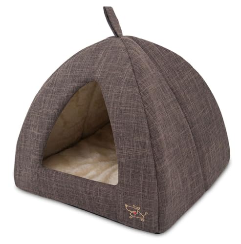 Cat Bed for Indoor Cat (Brown Linen / 16" x 16" x H:14")