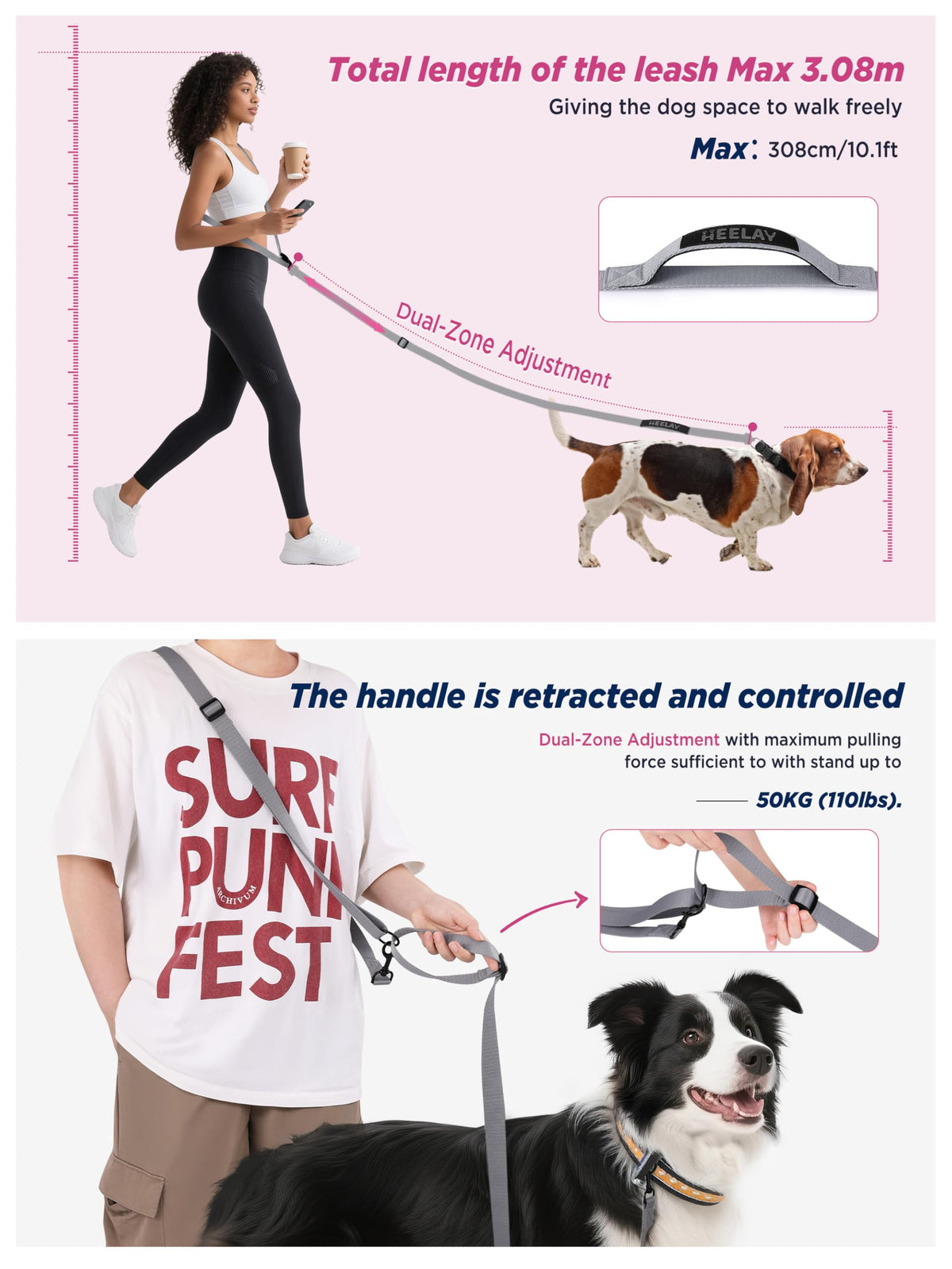 Hands Free Dog Leash (5.9-10.1 FT Grey)