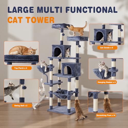 71 Inch Large Cat Tree Tower with Sisal Scratching Post (Dark Grey / 71 Inches)