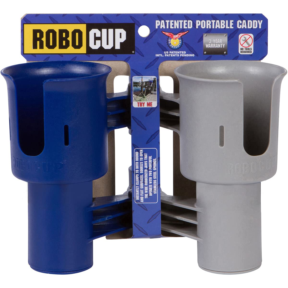 Navy&Gray), Patented Clamp On Boat Cup Holder |Multifunction Dual Drink Caddy for Fishing Poles, Tools, Net, Gaff |Portable Storage for Boating, Beach, Umbrellas, Golf Carts, Strollers (Navy & Gray / Standard Spring)