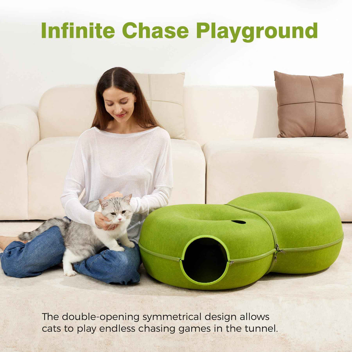 8 Shaped Large Cat Tunnel Bed for Indoor Cats (Green / Large (38 x 24 x 11 in))