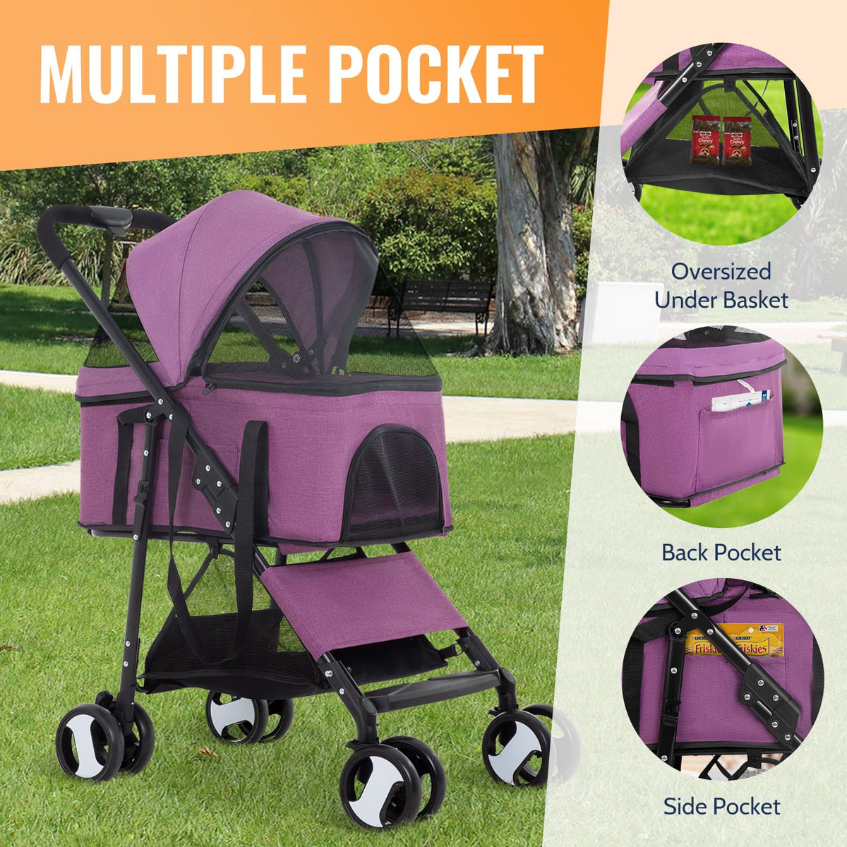 3 in 1 Multi Function Dog Stroller Jogger with Detachable Carrier (Purple / 4 Wheels)