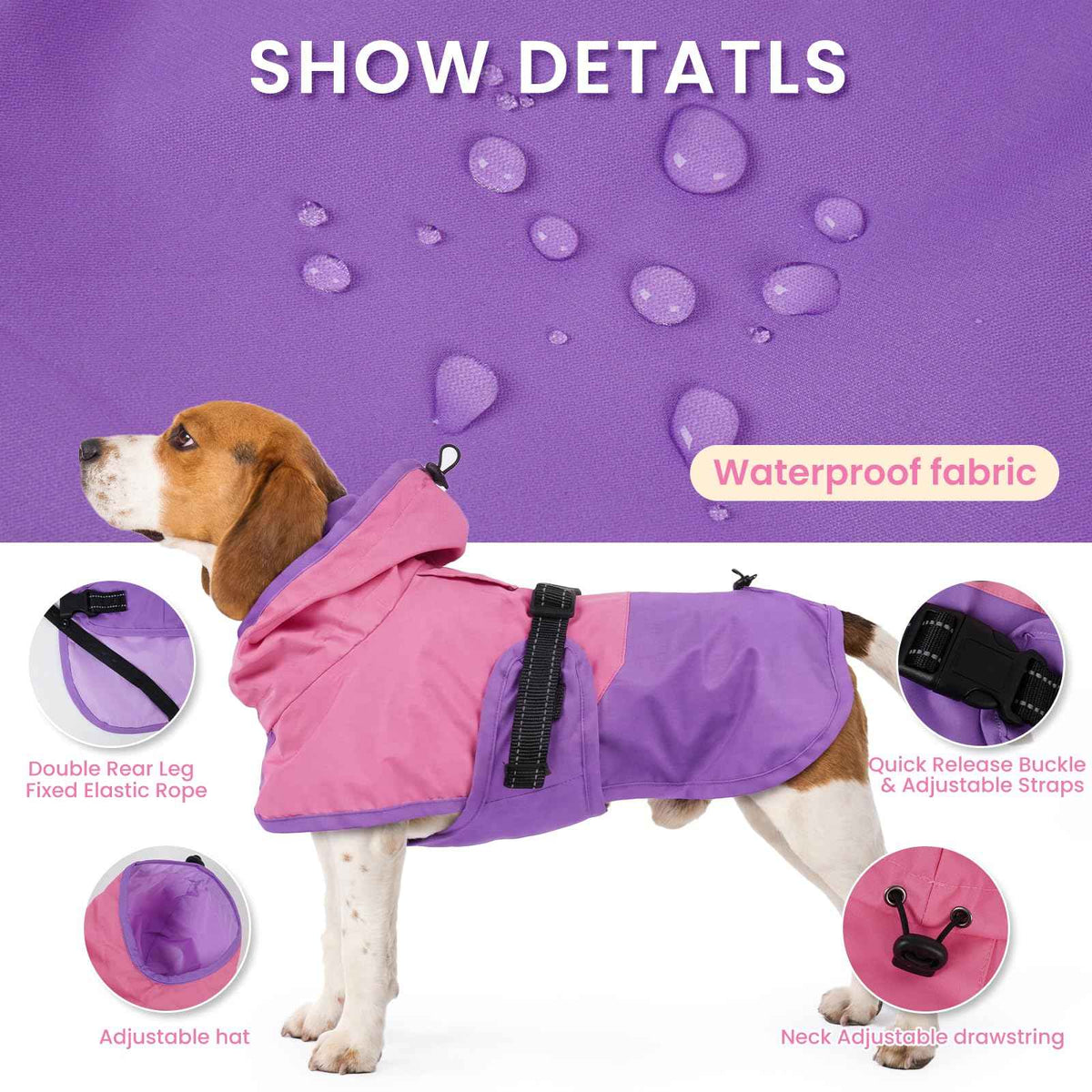 Dog Raincoat Waterproof Rain Jacket with Hood (S(Back Length11.8"") / Pink Purple)