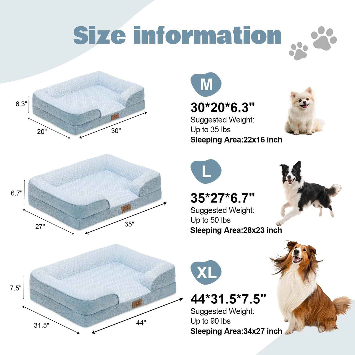 Orthopedic Extra Large Dog Bed (Light Blue/Light Grey / 44.0" L x 31.5" W x 7.5" Th)