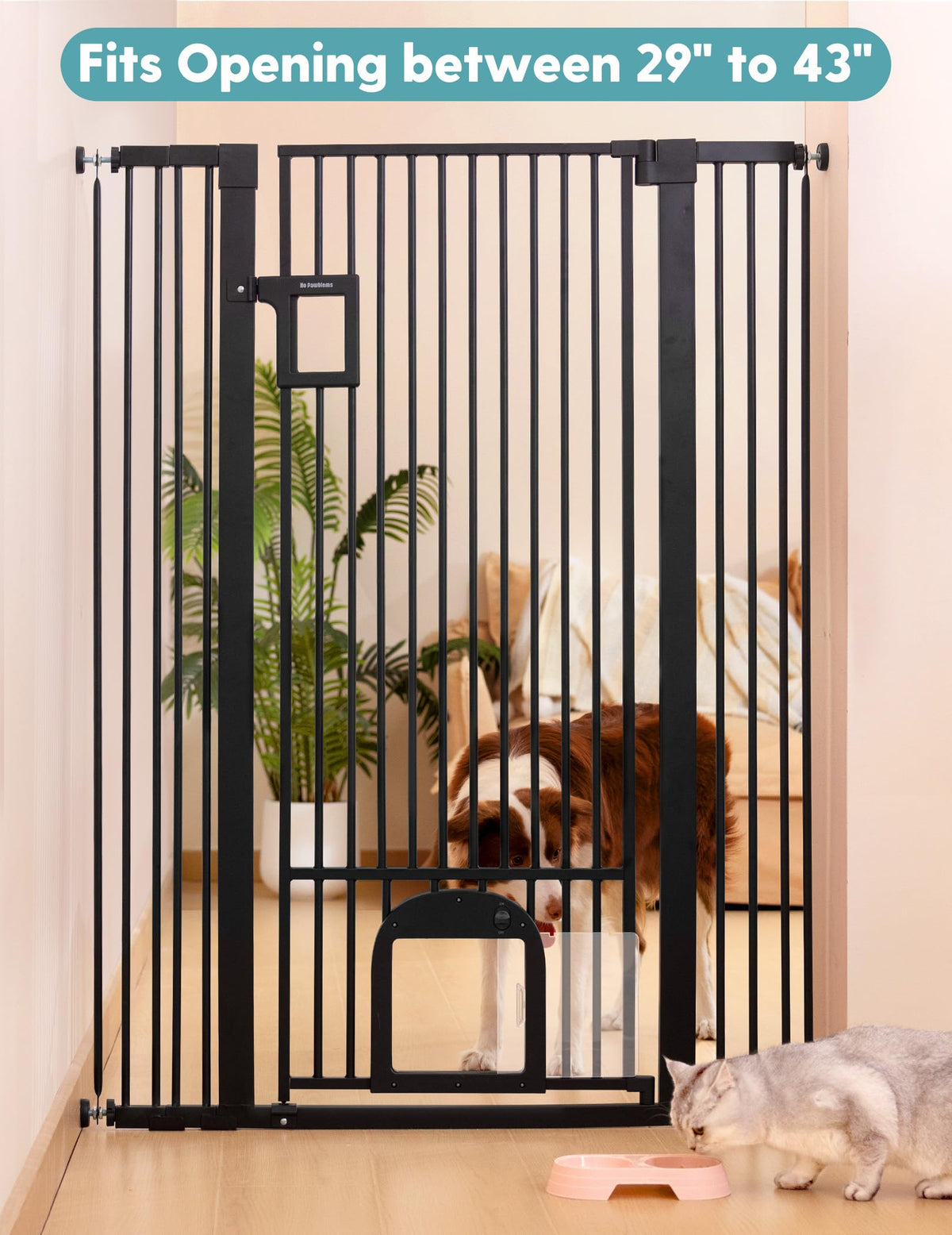 55" Extra Tall Pet Gate with Cat Door (Black - P / 55" Tall, 29-43" Wide)