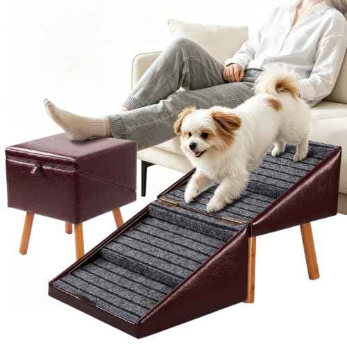 2 in 1 Foldable Ottoman Dog Ramp Faux Leather Dog Stairs (Oxblood Red / XL(17.13”H))