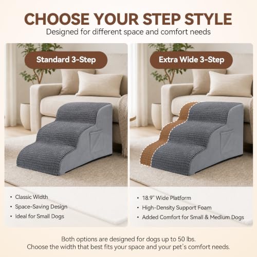Extra Wide 3 Step Dog Stairs for Bed & Couch (Grey / X-Wide: 18.9"x22.4"x15.7")