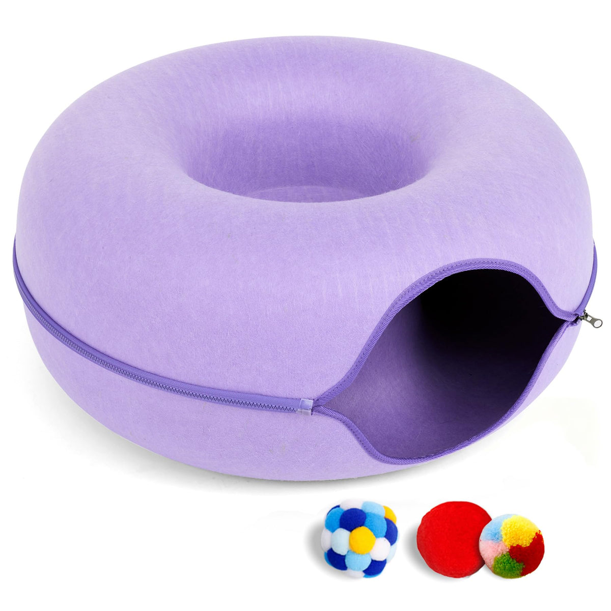 Cat Tunnel Bed for Indoor Cats with 3 Toys (L(24x24x11) / Purple)