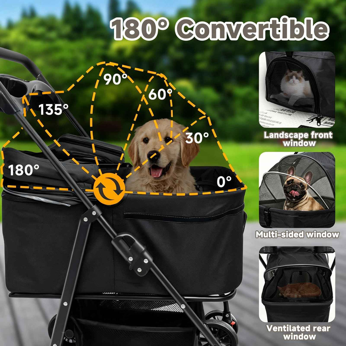 Pet Stroller for Small Dogs and Cats with 4 Wheels (Black)
