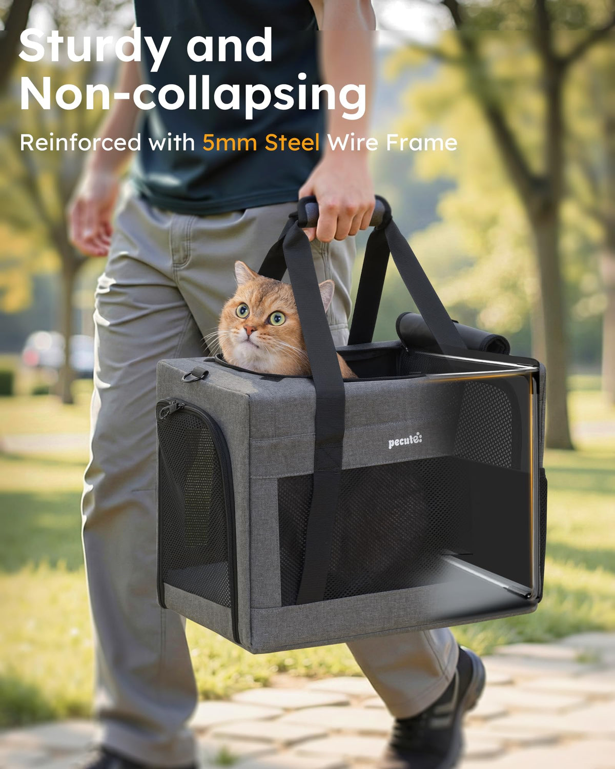 Cat Carrier Portable Travel Pet Carrier with Stable Structure (Grey / 16.7"L x 11.8"W x 12.5"H)