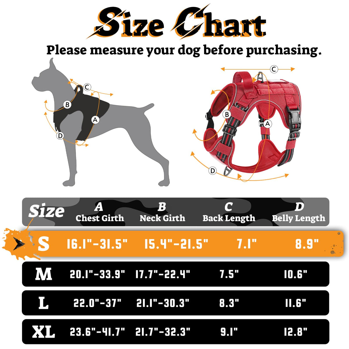 Tactical Dog Harness for Small Dogs (S(Chest:16.1"-31.5",Neck:15.4"-21.6",Back:7.1") / Red)
