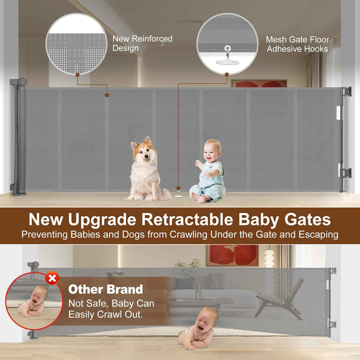 150 inch Reinforced Retractable Baby Gates 34 inch Tall (Gray / 34" Tall x 150" Wide)