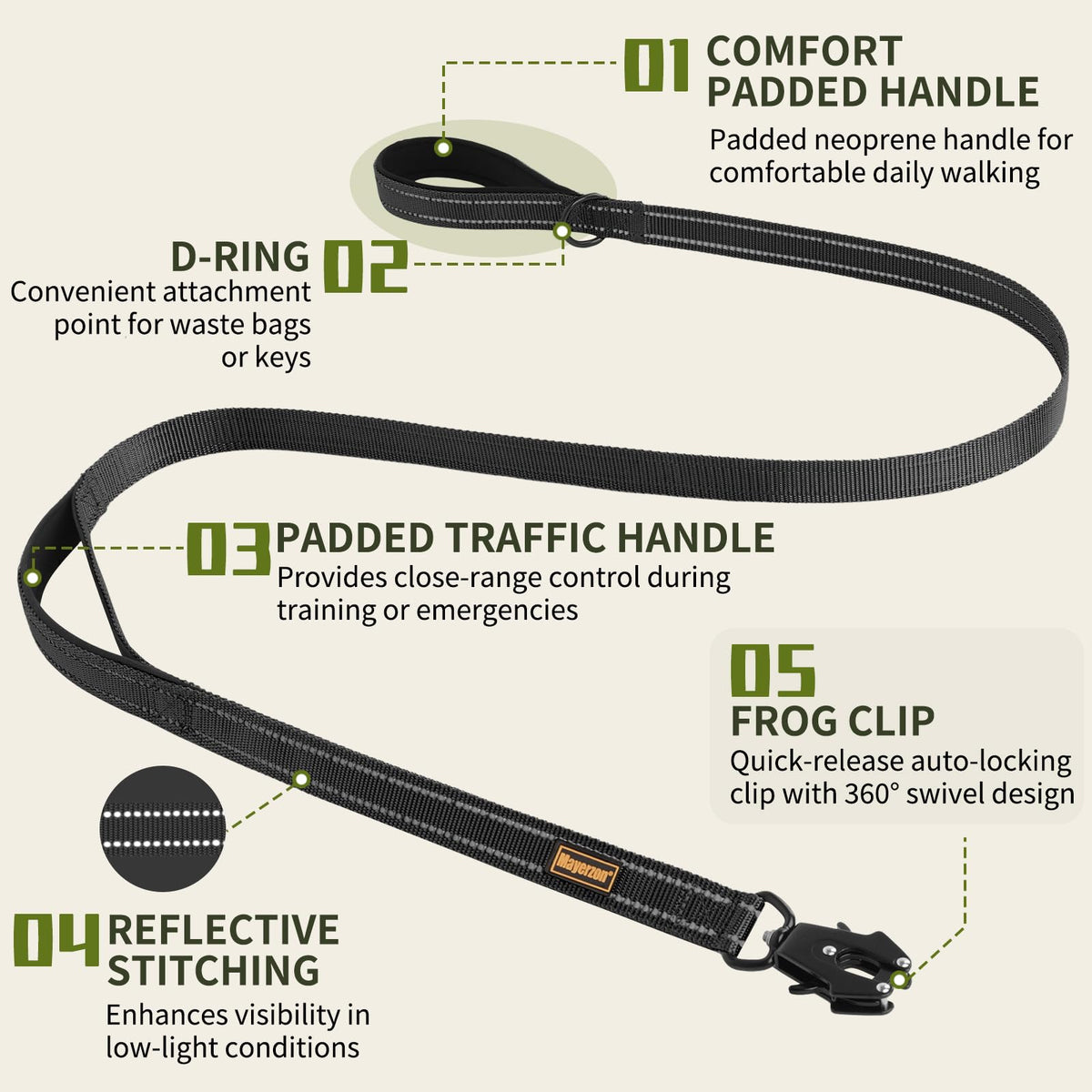 4FT Tactical Heavy Duty Dog Leash No Pull with 2 Padded Handles (Black / 4FT)